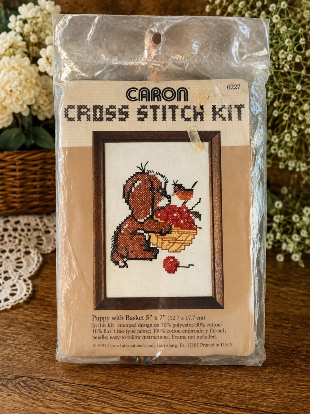Vintage 1981 Caron Cross Stitch Kit 6227 Puppy Basket 5x7 Sealed NOS